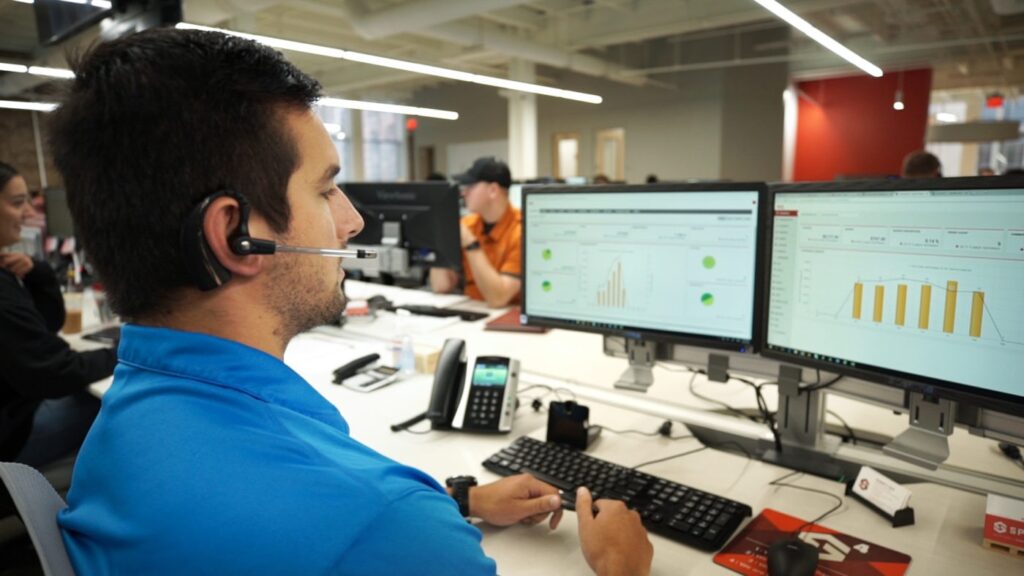 Spot freight employee on a double screen computer looking at TMS data, talking to a carrier, driver, logistics or shipping pro on a headset phone