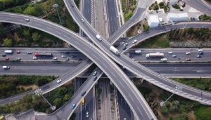 A crisscross of highways, byways and roadways from 1,000 feet above looking down on them