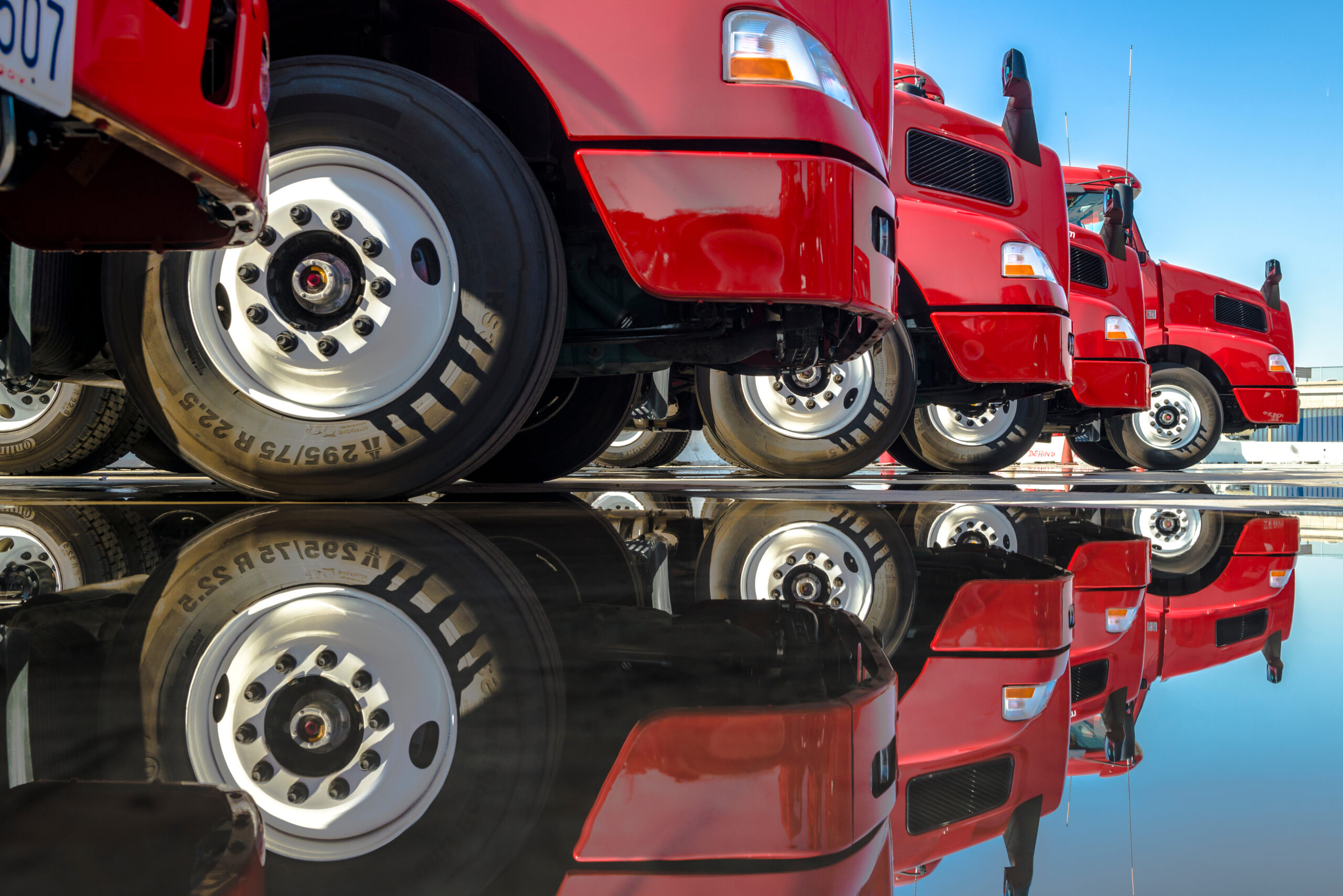 red semi trucks lined up and reflecting in a puddle of water in a parking lot