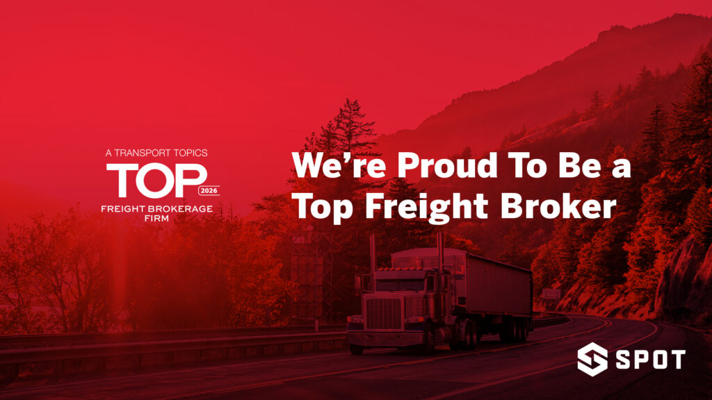 Red picture of semi-truck driving through the mountains. Overlaid with award logo and content advising we are proud to have won the award.