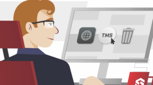 Animation of man with glasses sitting in front of computer screen.