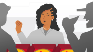 Woman smiling in background with two men in the foreground eating pizza