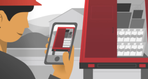 Animation of women taking picture of a truck with its door open.