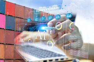 multiple exposure image of freight containers in the background with hand pointing at computer screen with AI highlighted