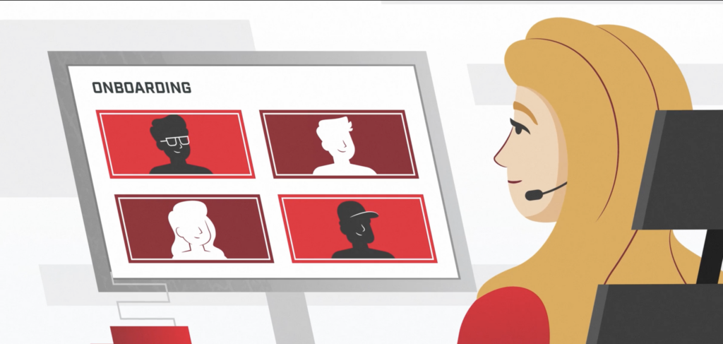 Animated scene of woman with headset at desk in front of computer