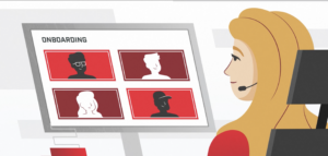 Animated scene of woman with headset at desk in front of computer