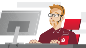 Animation of employee at desk in front of a computer wearing glasses and a phone headset.
