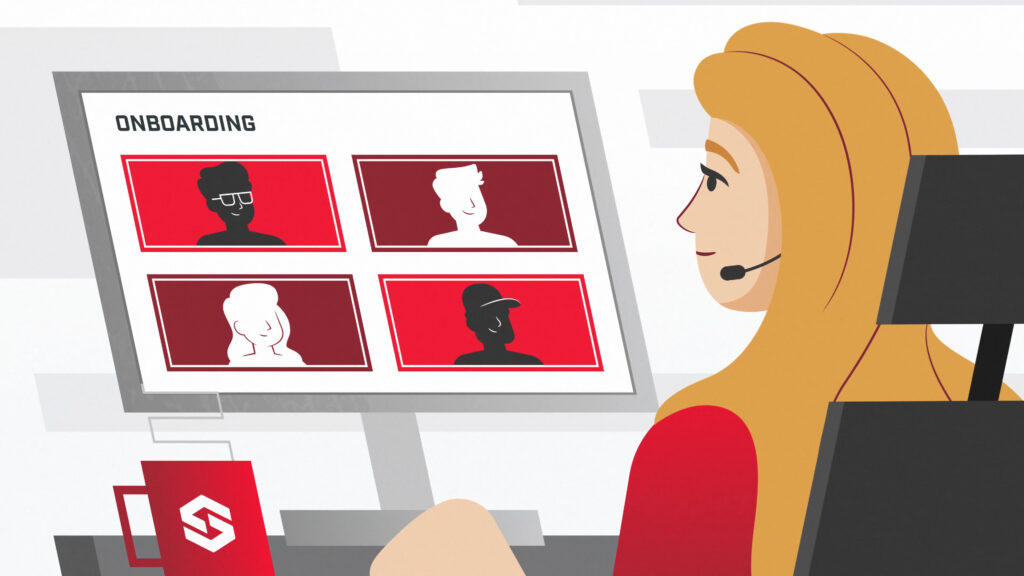 Animated scene of woman with headset at desk in front of computer