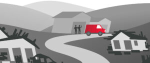 Animated scene of red van in the aftermath of a disaster. 2 figures wave to the vehicle.