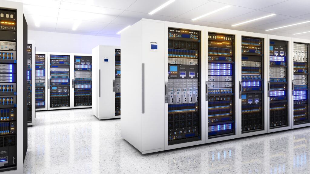 Room full of computer servers in white cabinets
