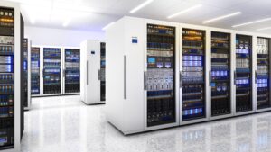 Room full of computer servers in white cabinets